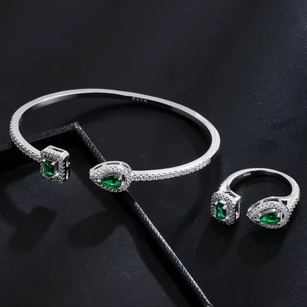 Elegant Emerald Open Cuff Bracelet & Adjustable Ring Set |Silver Tone CZ Jewelry - Picture 2 of 7